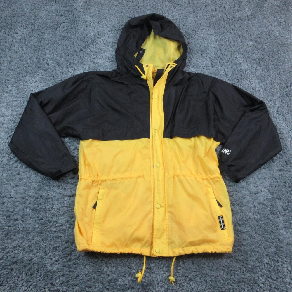 Helly Hansen Jacket Mens Large Black Yellow Hooded Windbreaker Water Resistant